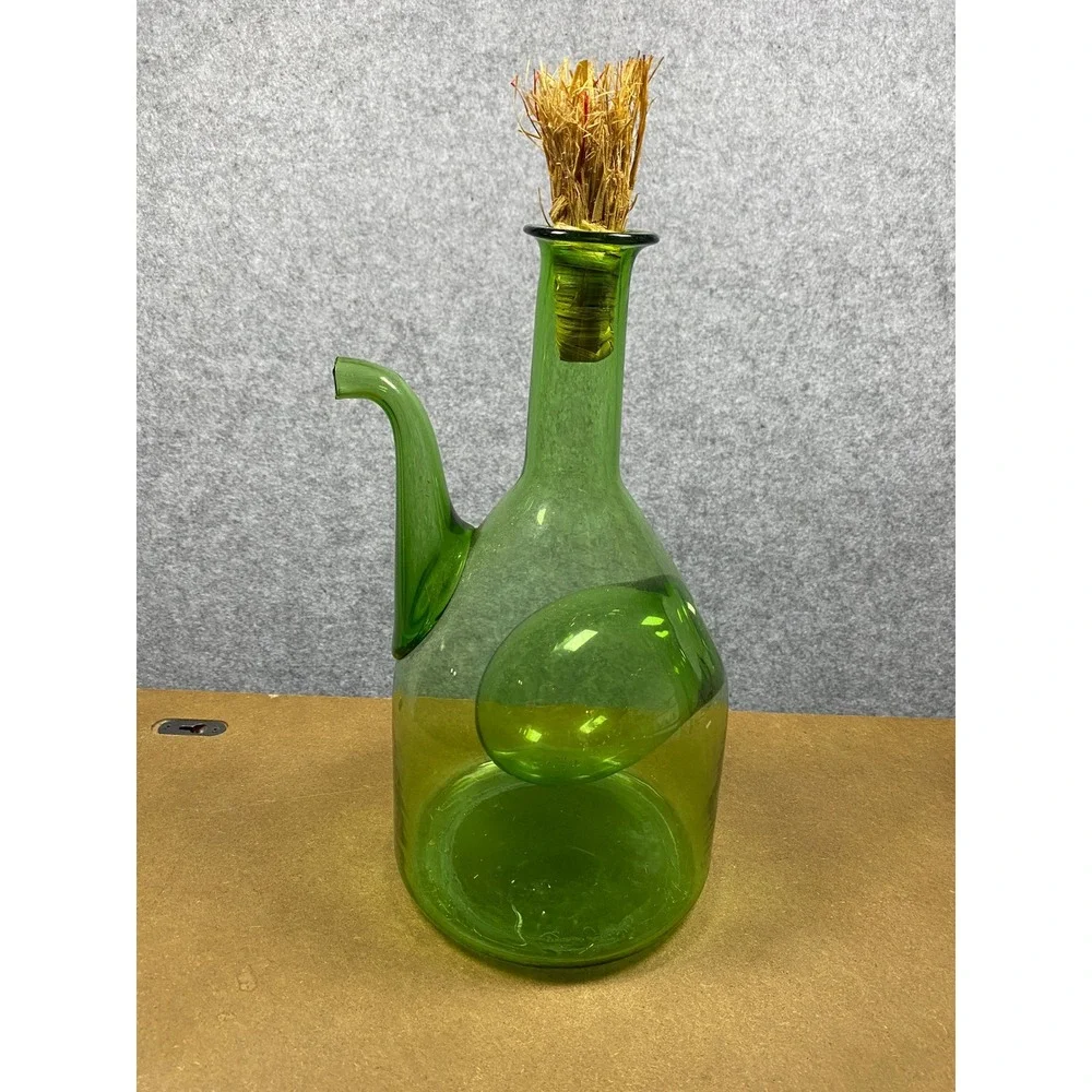 Vintage Green Hand Blown Glass Wine Decanter Porron with Ice Chamber and Stopper